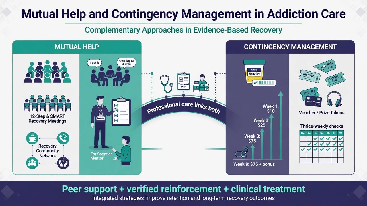 Complementary pillars of mutual help peer recovery and contingency management with professional care linking both