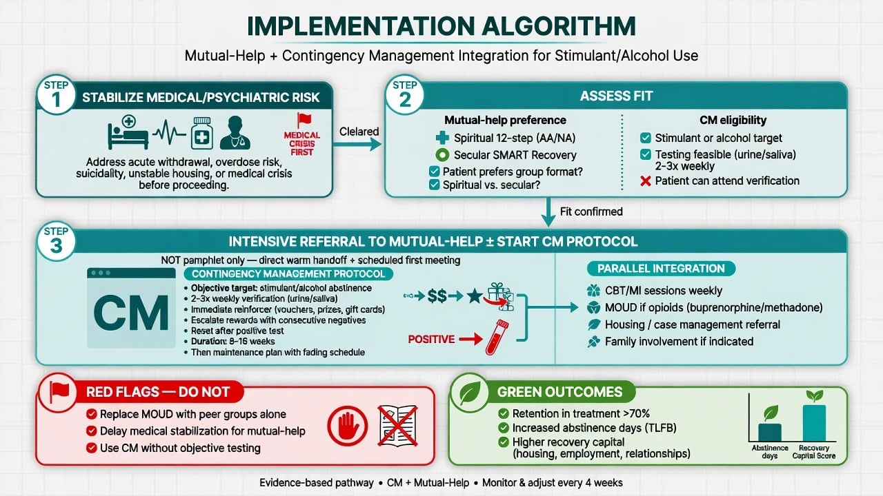 Implementation algorithm for intensive mutual-help referral and contingency management protocol with red flags