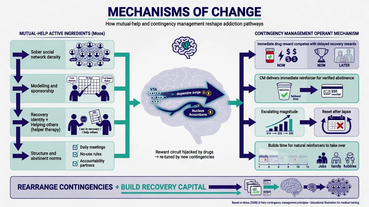 Mechanisms of mutual-help active ingredients and contingency management operant reinforcement of verified abstinence