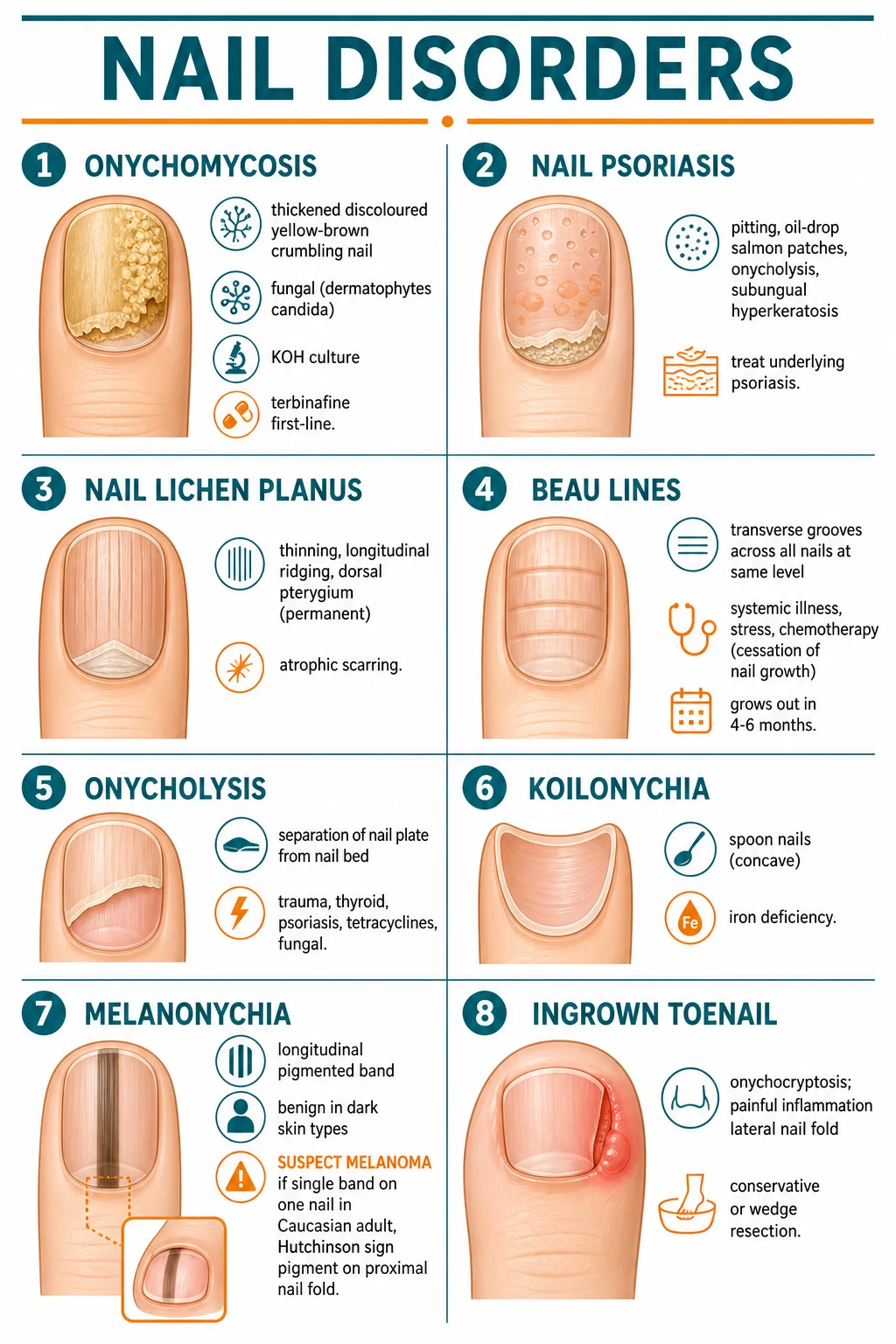 8 common nail disorders: onychomycosis (yellow-brown crumbling), nail psoriasis (pitting/oil-drop), nail lichen planus (thinning/pterygium), Beau's lines, onycholysis, koilonychia, melanonychia, ingrown toenail