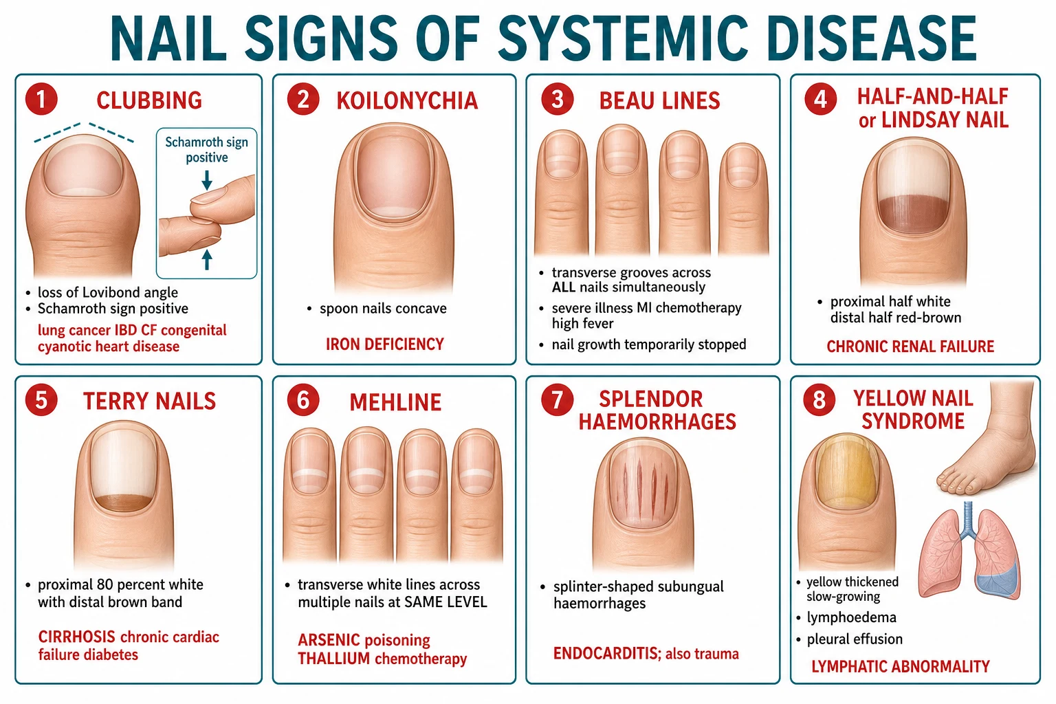 8 systemic nail signs: clubbing (lung/IBD/CF), koilonychia (iron deficiency), Beau's lines (systemic illness), half-and-half/Lindsay (renal failure), Terry nails (cirrhosis), Mees lines (arsenic), splinter haemorrhages (endocarditis), yellow nail syndrome (lymphoedema/pleural effusion)