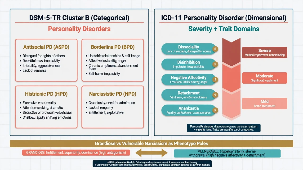 Two-panel classification of DSM-5-TR Cluster B disorders versus ICD-11 severity and trait domains