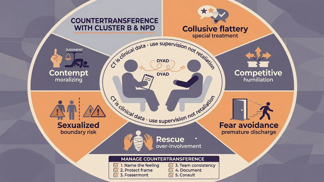 Circular diagram of countertransference patterns with Cluster B including collusion, competitive humiliation, avoidance, rescue and boundary risk