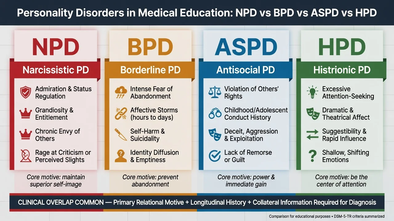 Four-column comparison of NPD, BPD, ASPD and histrionic PD discriminators