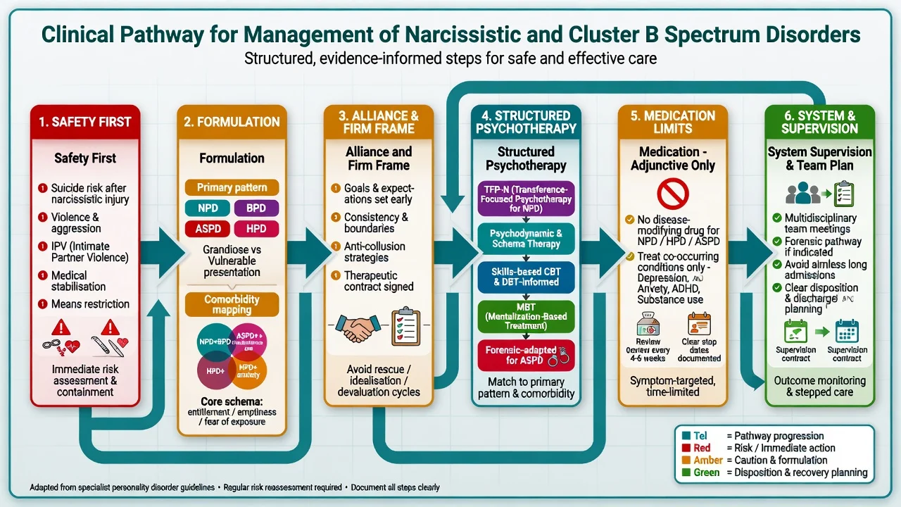 Stepwise algorithm from safety and formulation through frame, psychotherapy options, medication limits and team supervision
