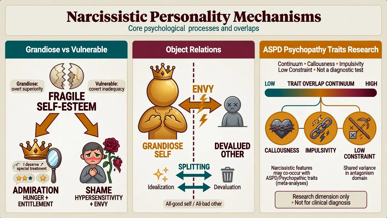 Three-panel mechanisms: grandiose versus vulnerable narcissism, object-relations grandiose self, ASPD-psychopathy trait continuum