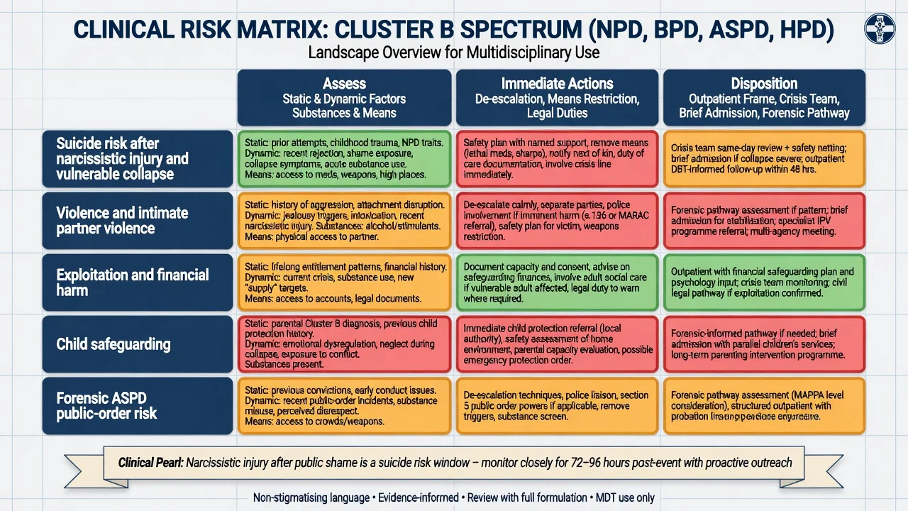 Clinical risk matrix for suicide after narcissistic injury, violence, exploitation and forensic ASPD pathways