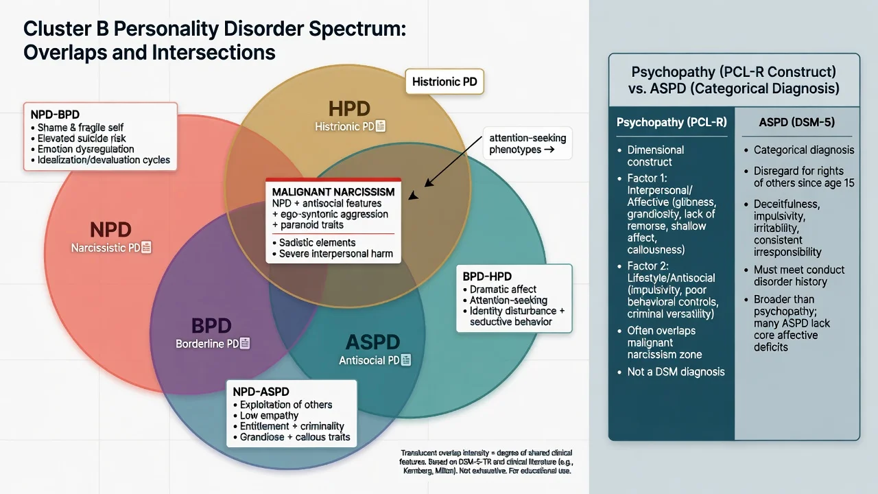 Venn-style Cluster B overlap with NPD-BPD, NPD-ASPD, malignant narcissism and psychopathy versus ASPD callouts