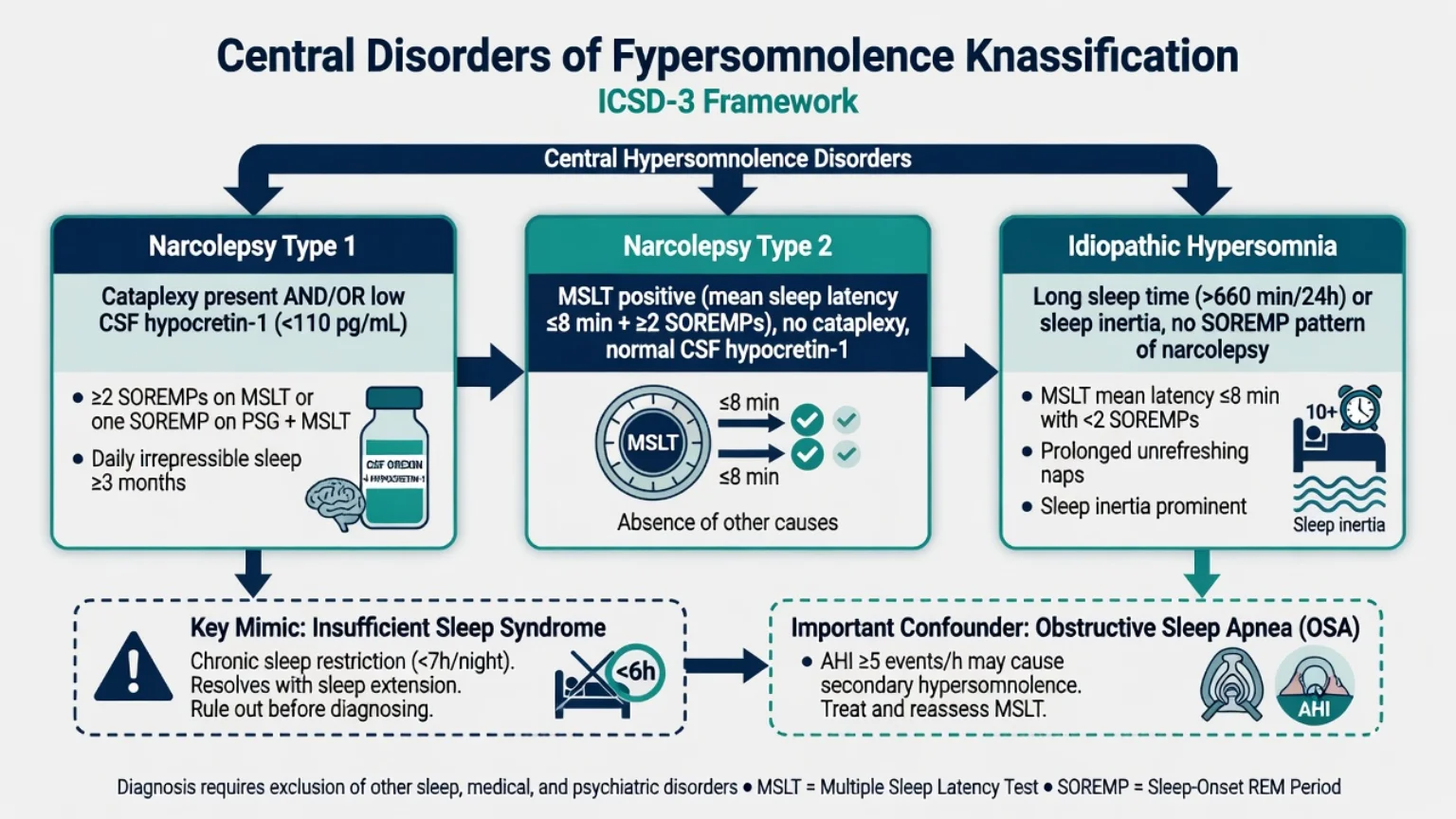 ICSD-3 classification map for narcolepsy type 1, type 2, idiopathic hypersomnia, insufficient sleep mimic, and OSA confounder