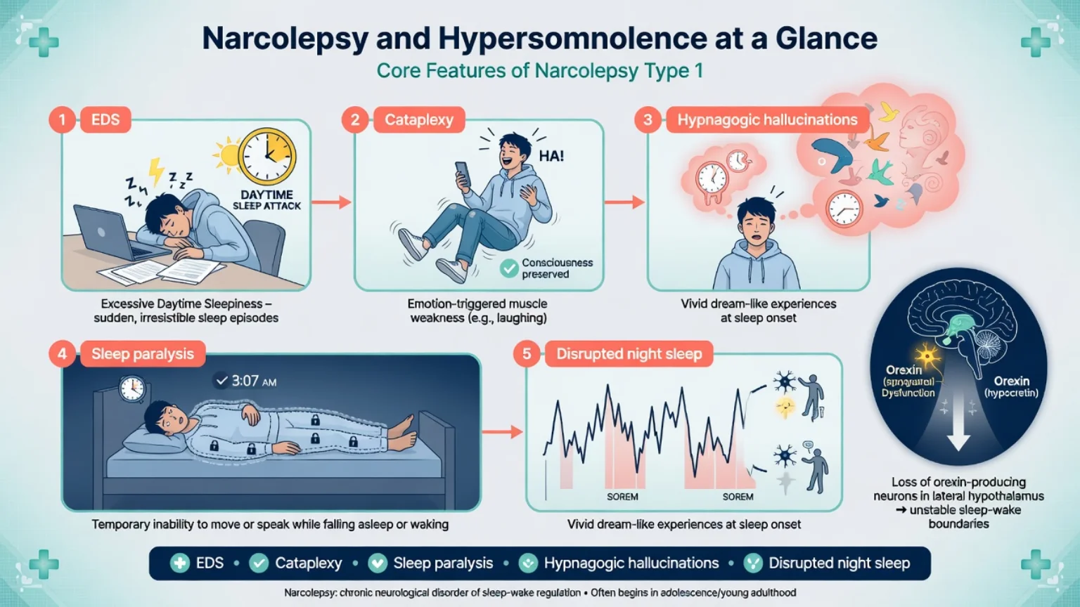 Overview of narcolepsy type 1 tetrad: EDS, cataplexy, hypnagogic hallucinations, sleep paralysis, and disrupted night sleep with orexin loss