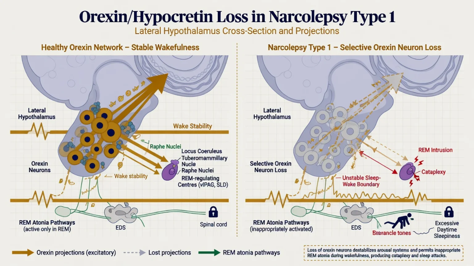 Lateral hypothalamic orexin network in health versus selective orexin neuron loss in narcolepsy type 1 with REM intrusion and cataplexy