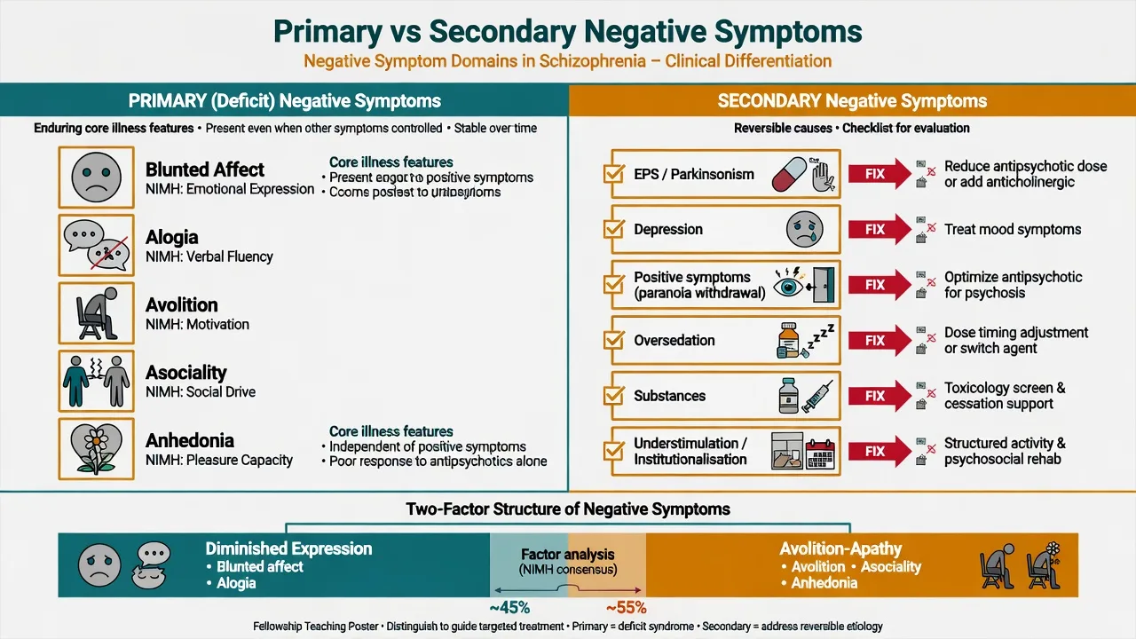 Two-column diagram comparing primary enduring negative symptoms with secondary causes including EPS, depression, positives, substances, and understimulation