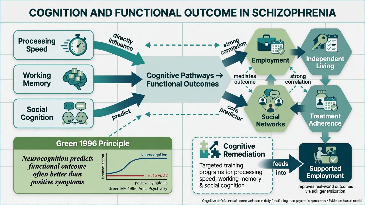 Diagram linking cognitive domains through remediation and rehabilitation to employment, independent living, and social networks