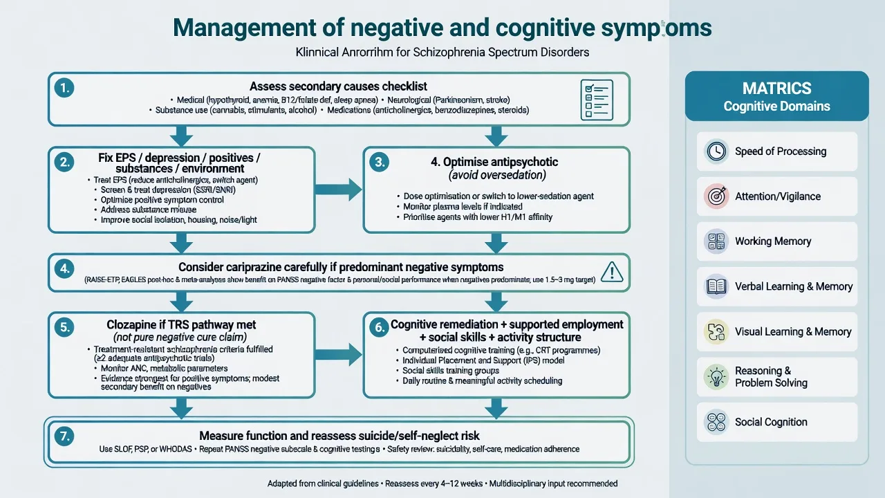Stepwise algorithm for negative and cognitive symptoms from secondary-cause checklist through limited pharmacotherapy options to cognitive remediation and rehabilitation