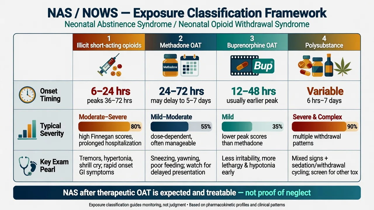 Classification framework of NAS exposures including illicit opioids methadone buprenorphine and polysubstance
