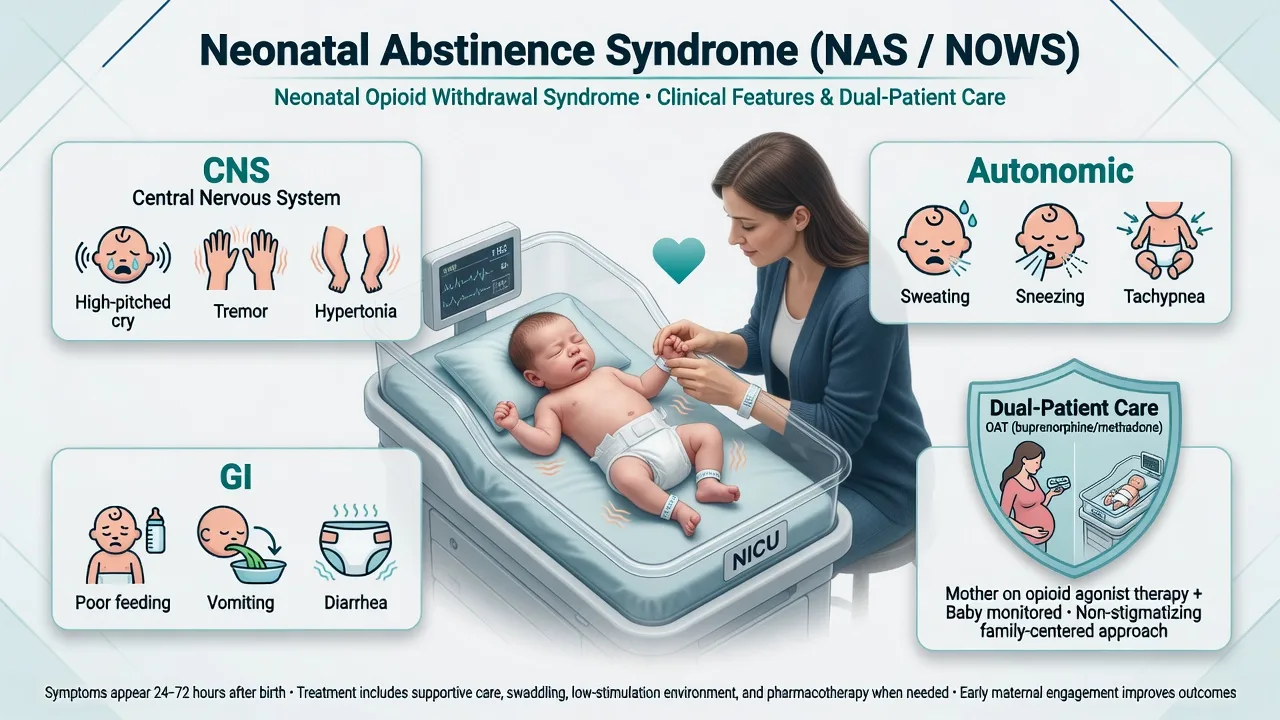 Clinical overview of neonatal abstinence syndrome with CNS autonomic and GI domains and supportive mother-infant care