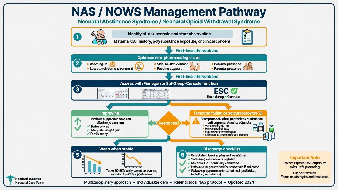 Management algorithm from non-pharmacologic rooming-in care through ESC assessment to protocol opioids and discharge