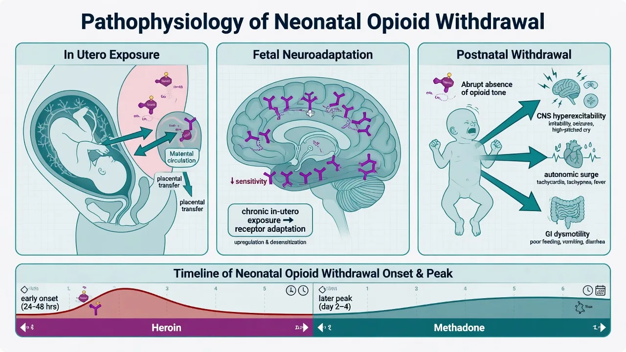 Placental opioid transfer fetal neuroadaptation and postnatal withdrawal mechanisms in NAS
