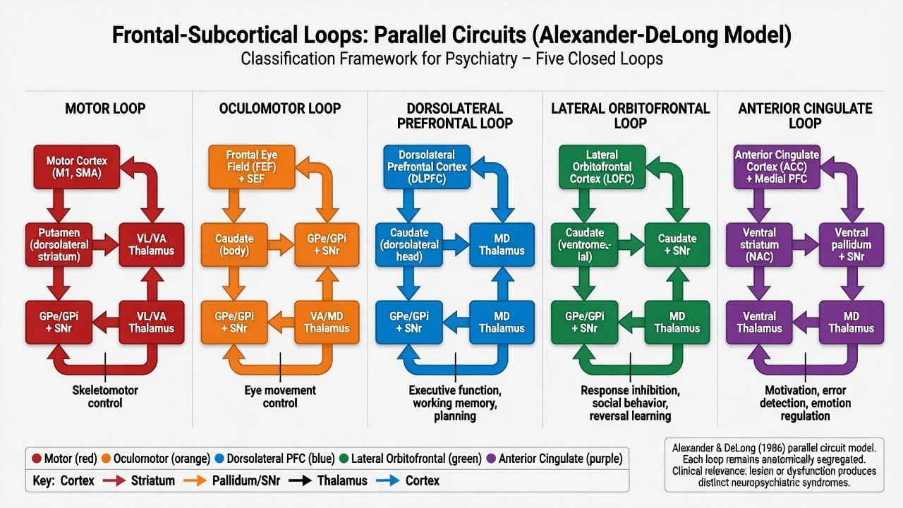 Five parallel Alexander-DeLong frontal-subcortical loops colour-coded for motor, oculomotor, DLPFC, lateral OFC, and anterior cingulate
