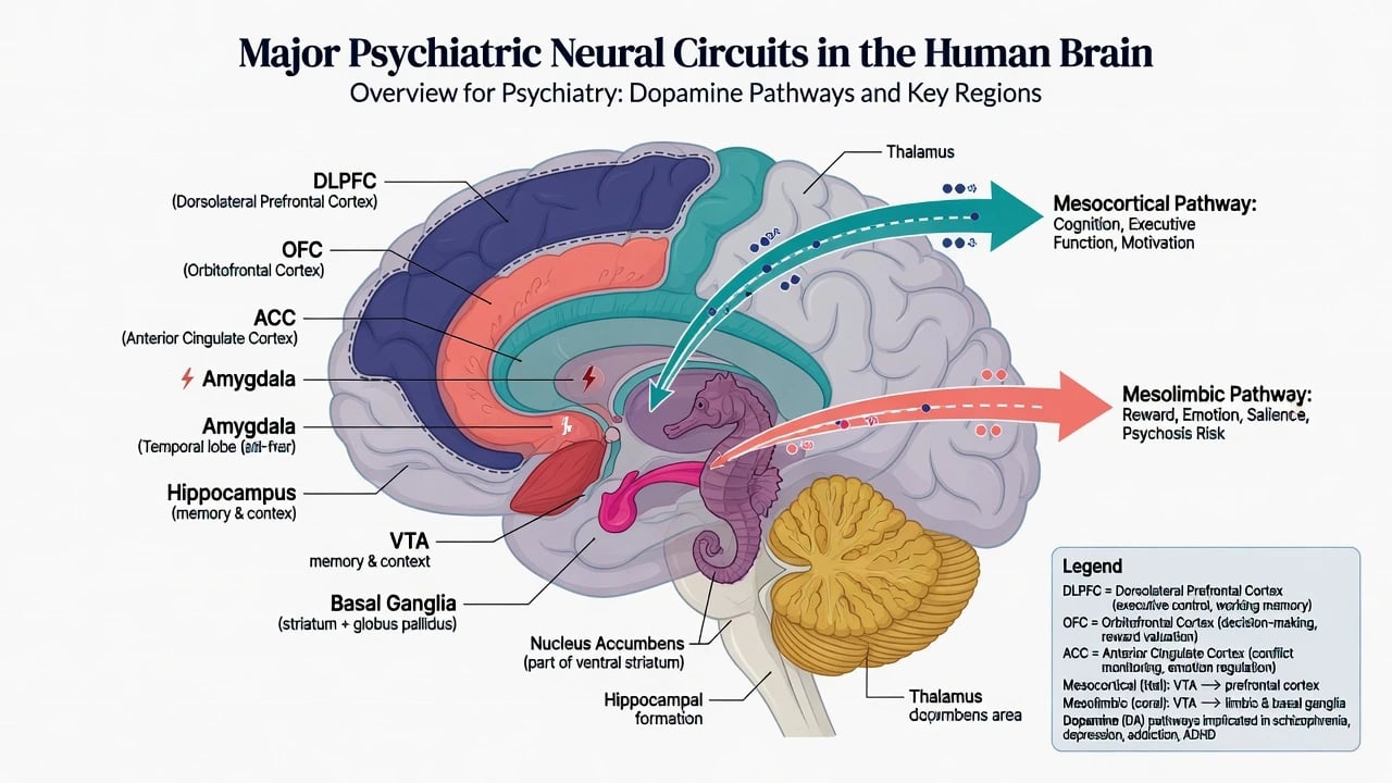 Labelled overview of psychiatric neural circuits including prefrontal zones, limbic structures, basal ganglia, and dopamine pathways