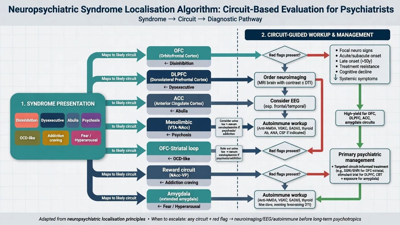Flowchart mapping psychiatric syndromes to circuits and organic work-up versus primary psychiatric management