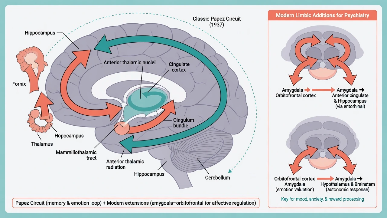Papez circuit schematic with modern amygdala and orbitofrontal additions