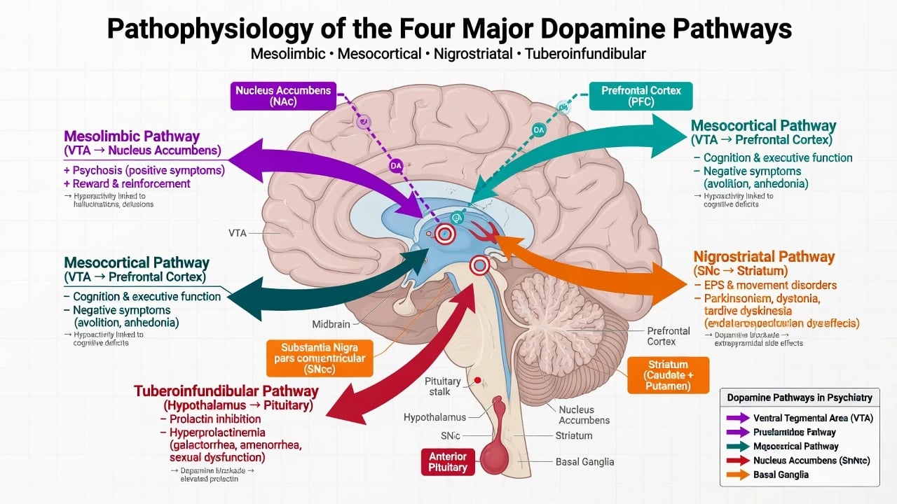 Four major dopamine pathways mesolimbic mesocortical nigrostriatal tuberoinfundibular with clinical labels