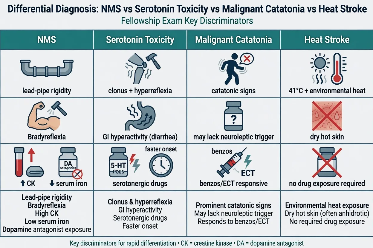 Comparison of NMS versus serotonin toxicity versus malignant catatonia versus heat stroke