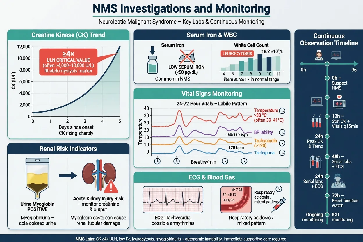 NMS laboratory panel including CK trend low serum iron vitals monitoring and renal risk