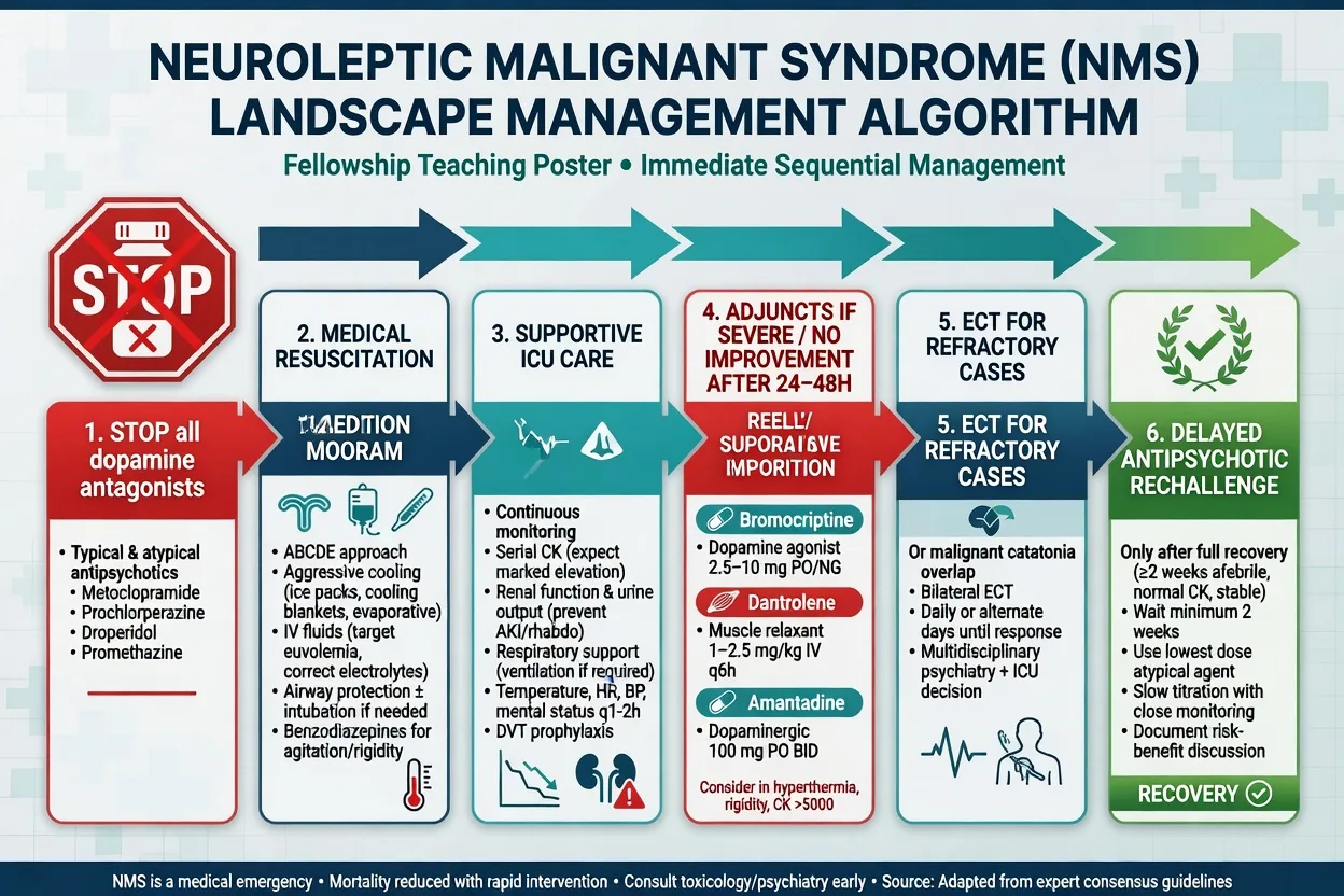 Stepwise NMS management from stop antipsychotics through supportive ICU care adjuncts ECT and delayed rechallenge