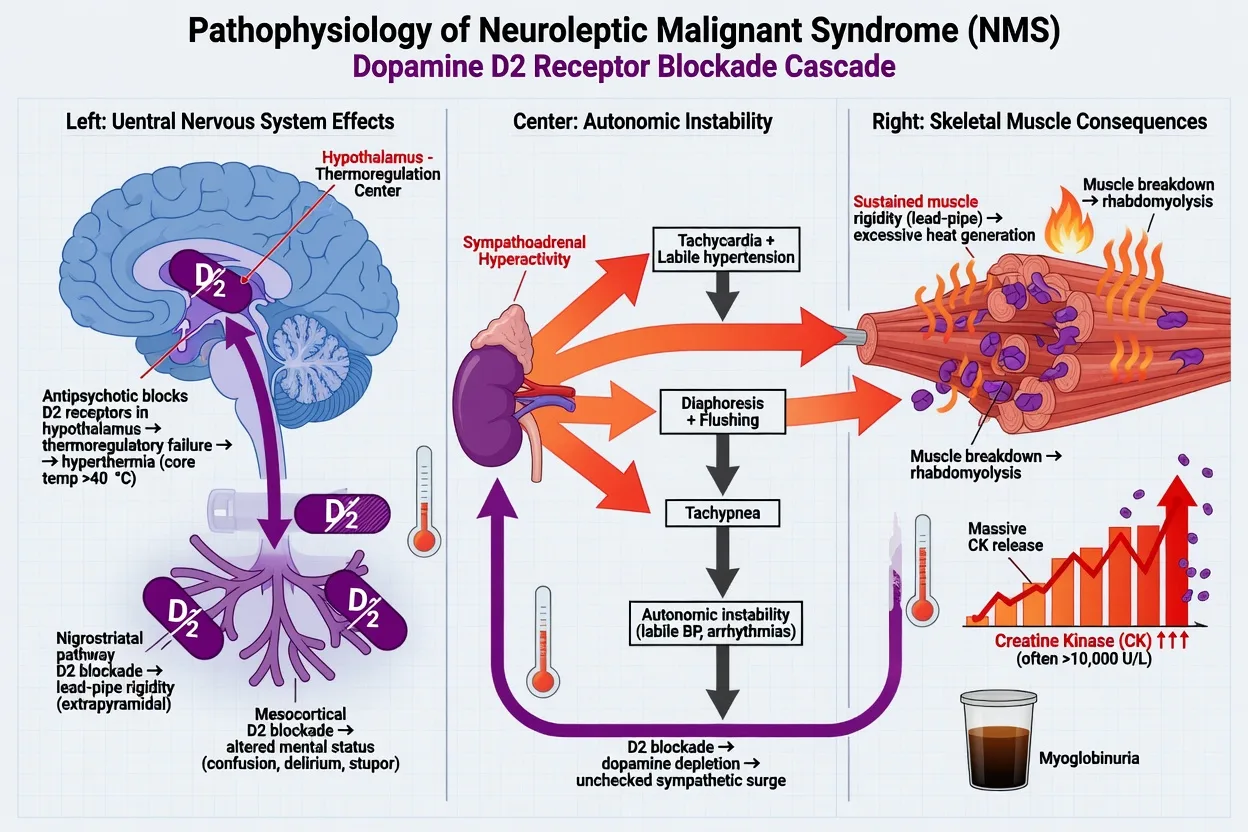 Pathophysiology cascade of NMS from central D2 blockade to rigidity hyperthermia autonomic instability and rhabdomyolysis