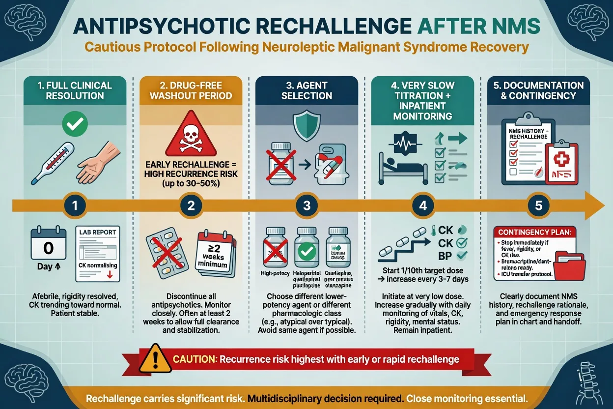 Timeline for cautious antipsychotic rechallenge after NMS recovery including washout and slow titration