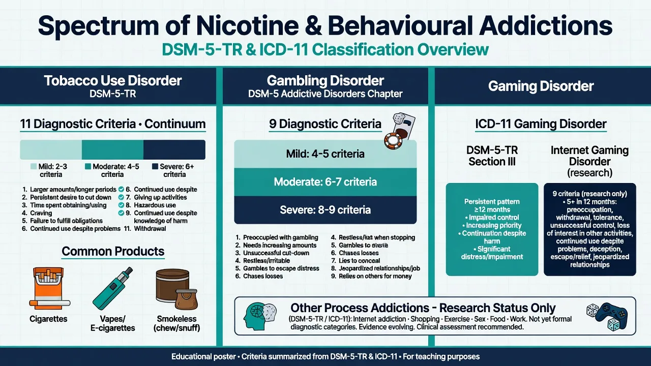 Classification overview of tobacco use disorder, gambling disorder, and gaming disorder across DSM-5-TR and ICD-11