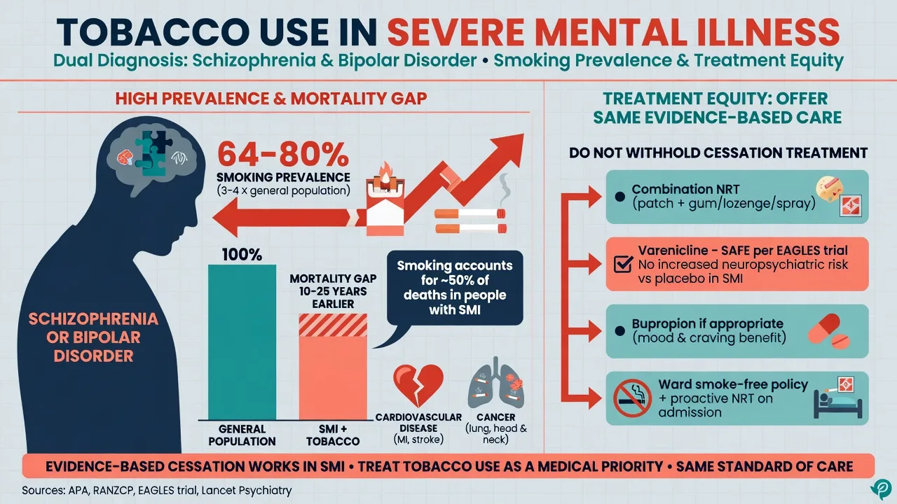 Tobacco use in severe mental illness showing high smoking prevalence, mortality gap, and treatment equity with NRT and varenicline