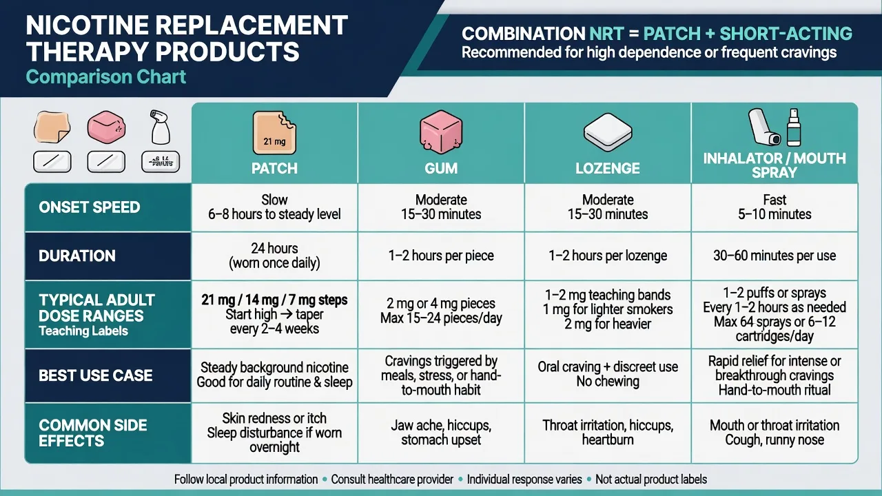 Comparison chart of nicotine patch, gum, lozenge, and inhalator or mouth spray