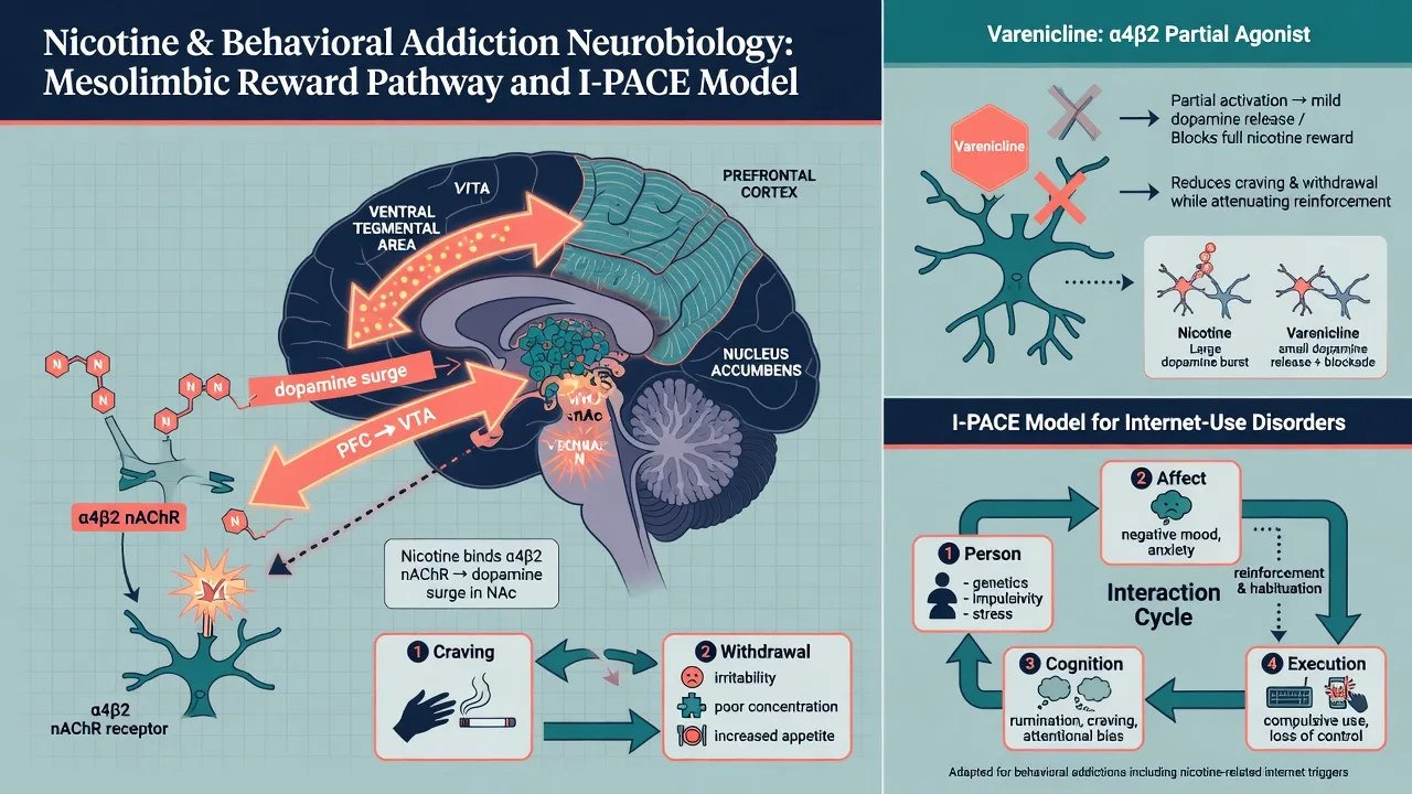 Mesolimbic dopamine pathway, alpha4beta2 nAChR, varenicline partial agonism, and I-PACE model for internet-use disorders
