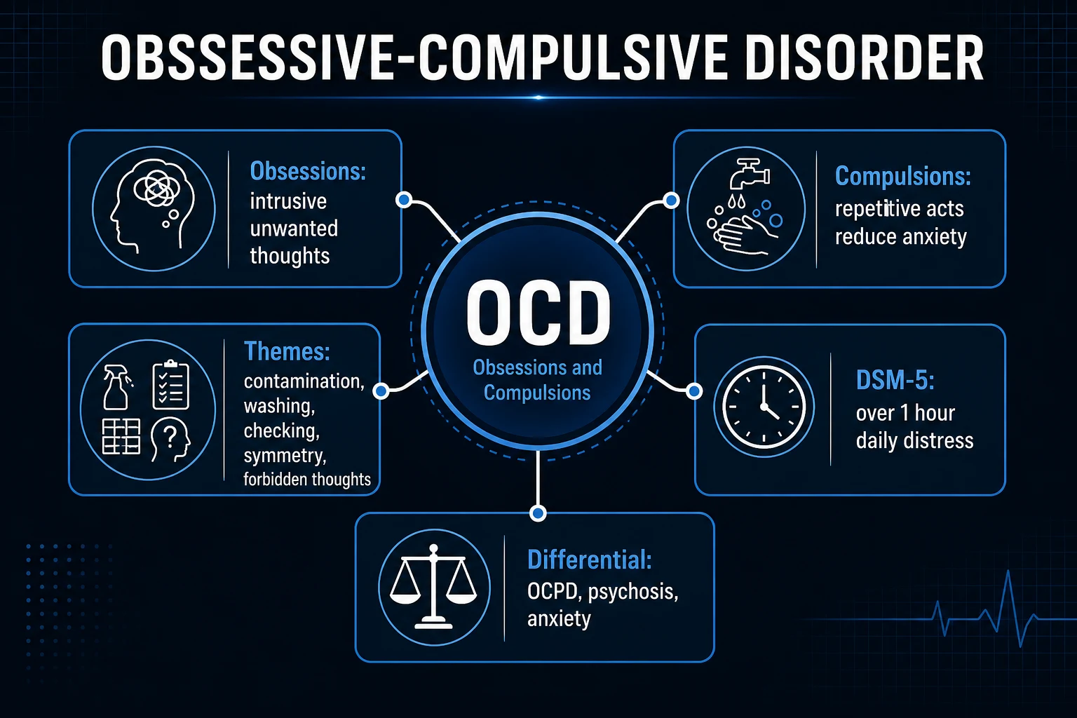 OCD core features: obsessions, compulsions, themes, DSM time threshold, and key differentials