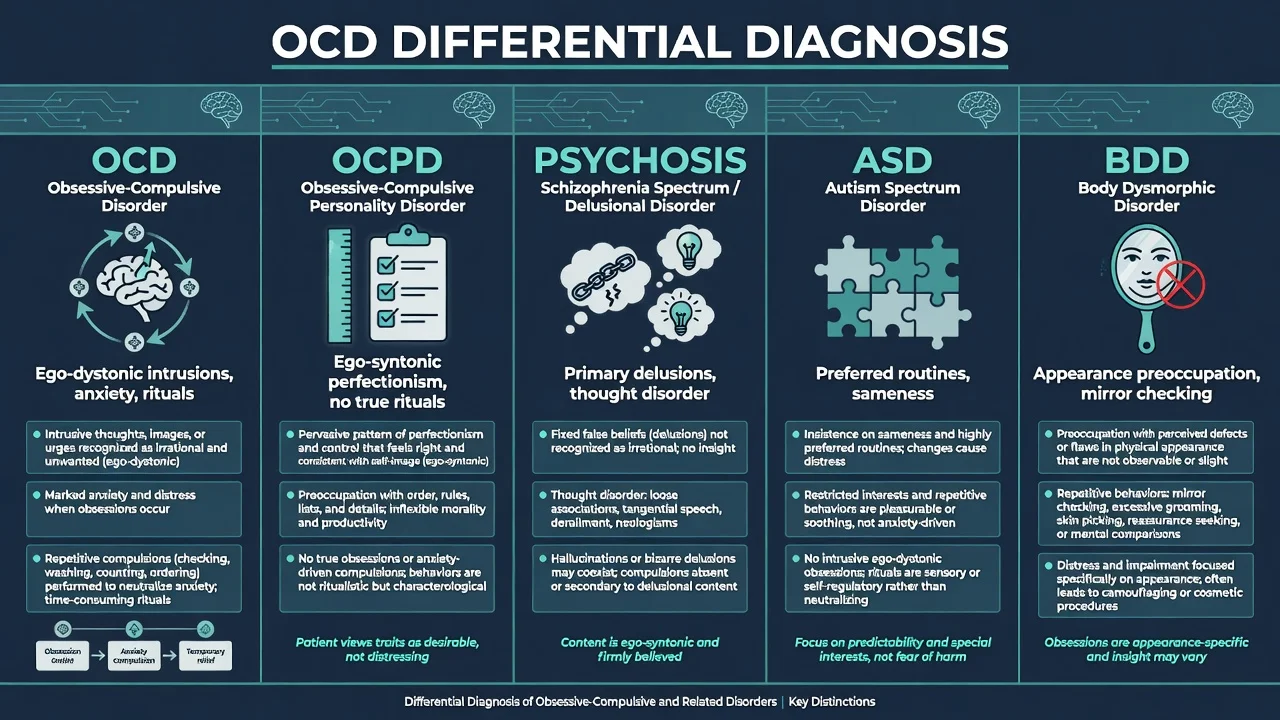 Differential diagnosis panels comparing OCD, OCPD, psychosis, ASD routines, and BDD