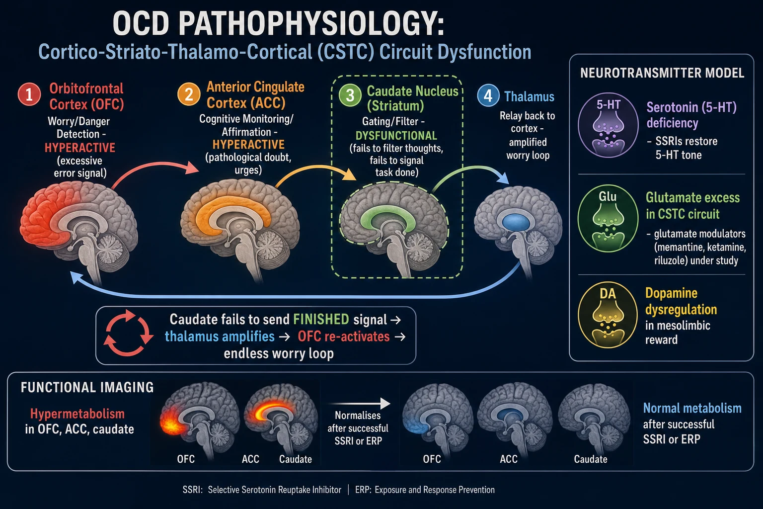 CSTC circuit model of OCD with OFC, ACC, caudate, thalamus and neurotransmitter models