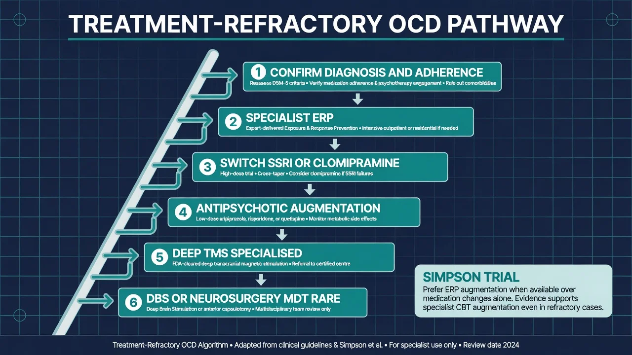 Stepped treatment-refractory OCD pathway from diagnosis confirmation through ERP, SSRI switch, augmentation, deep TMS, to rare DBS