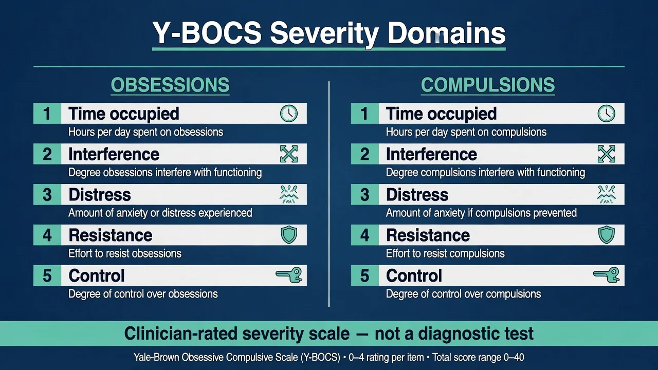 Y-BOCS severity domains for obsessions and compulsions: time, interference, distress, resistance, control