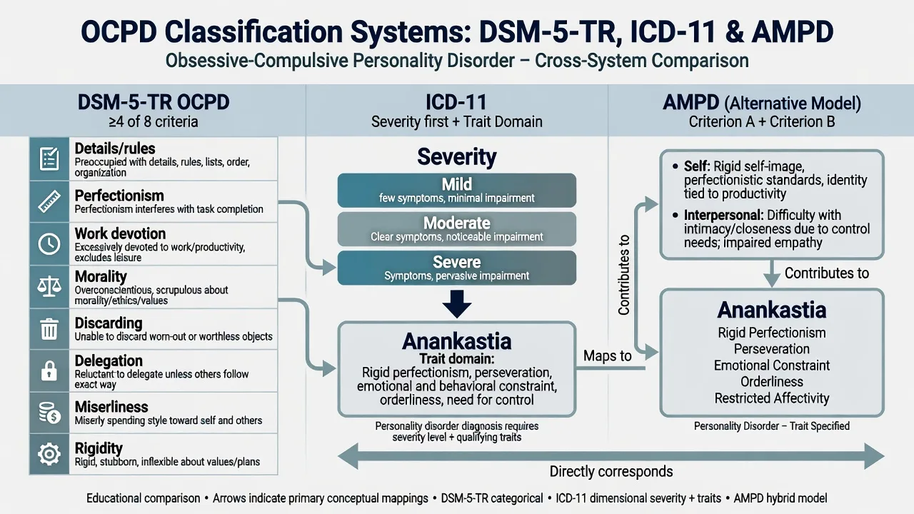 Three-column diagram comparing DSM-5-TR OCPD eight criteria, ICD-11 severity with anankastia, and AMPD Criterion A and B framing