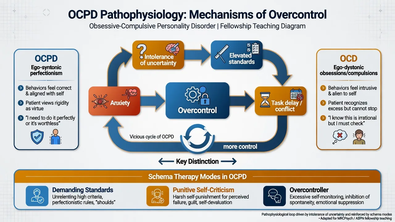 Educational hero illustration of OCPD themes: order, perfectionism, control, rigidity and work devotion around a highly ordered professional desk