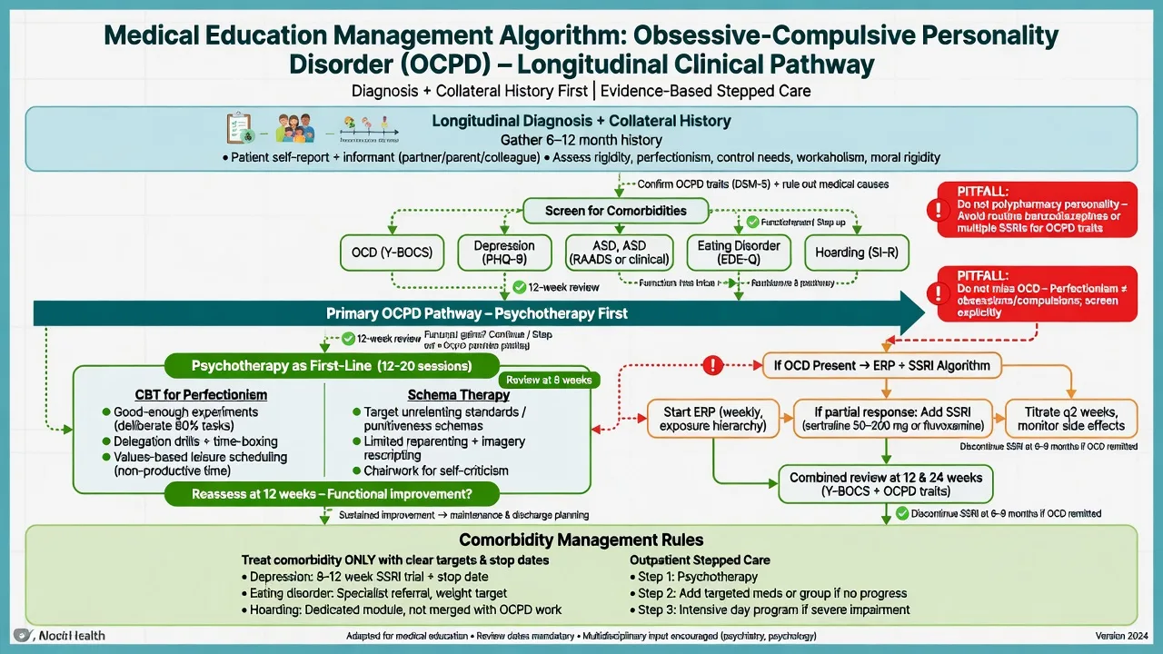 Stepped management algorithm for OCPD: longitudinal diagnosis, comorbidity screen, CBT for perfectionism and schema therapy, ERP plus SSRI if OCD, outpatient stepped care