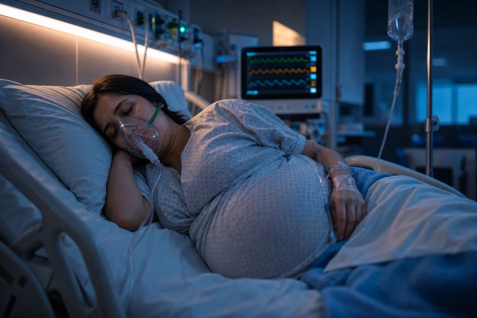 Cinematic ICU scene of a third-trimester pregnant patient tilted to the left lateral position, oxygen mask, IV drip, vital-signs monitor glowing, prominent gravid abdomen, clinical-blue lighting