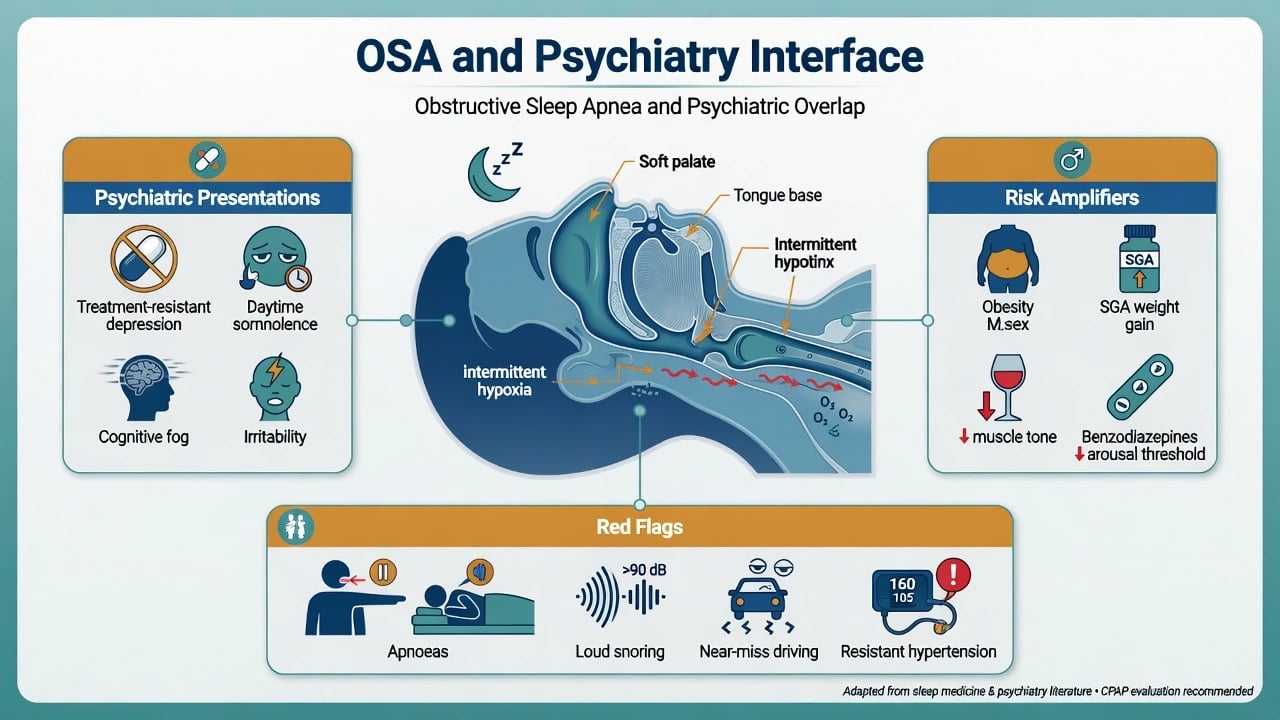 OSA upper airway collapse with psychiatric presentations and risk amplifiers including SGA weight gain and sedatives