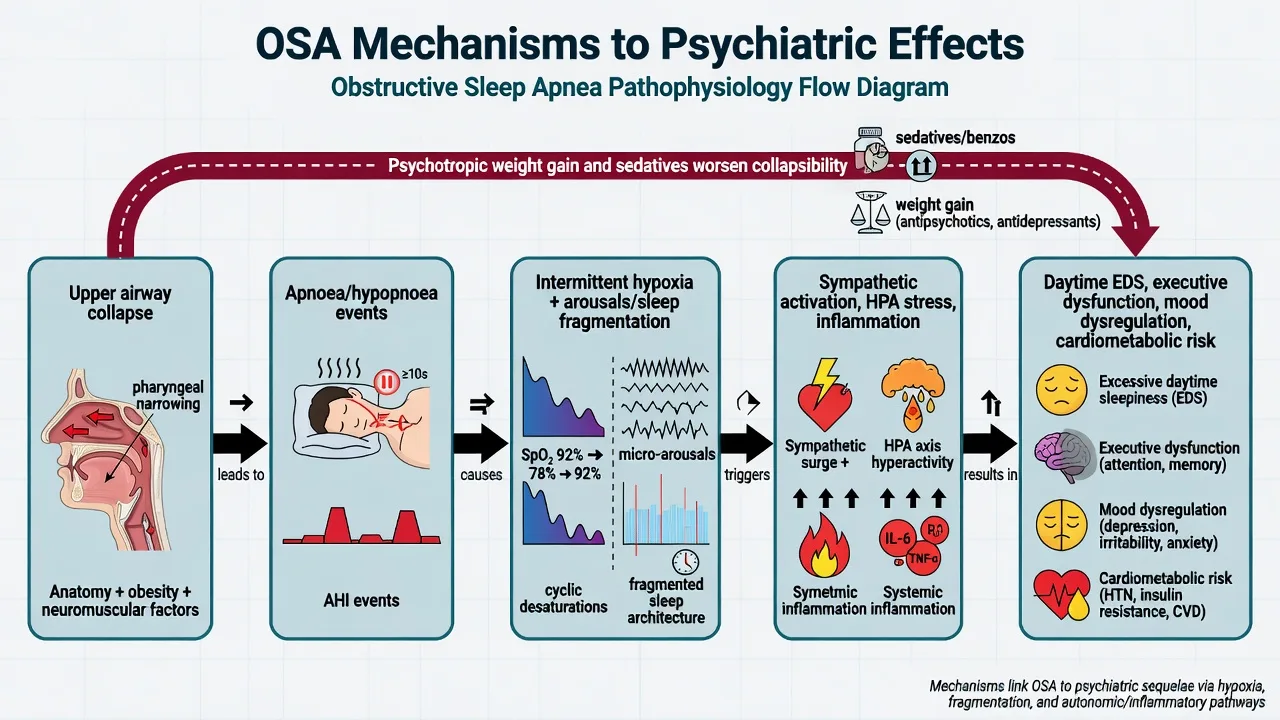 Stepped OSA psychiatry algorithm from screening through PAP adherence and safety netting