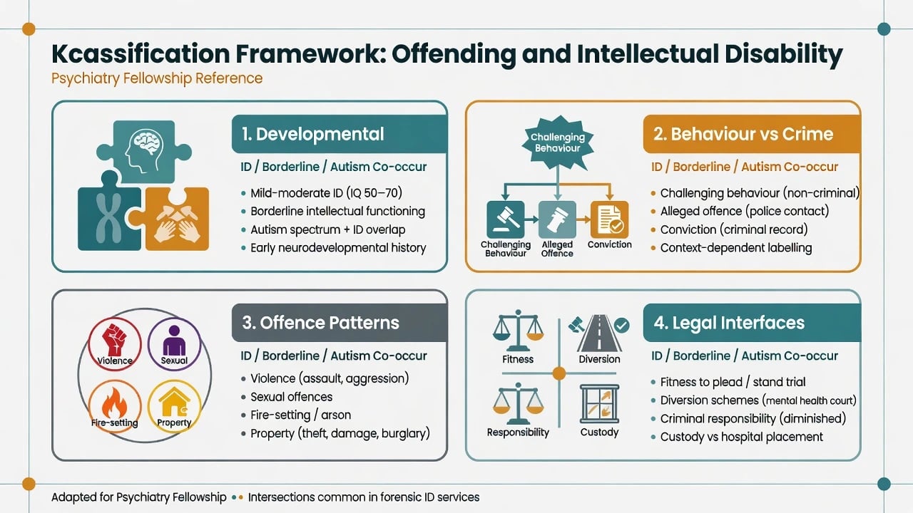 Four-panel classification diagram for developmental status, behaviour versus crime, offence patterns, and legal interfaces in intellectual disability