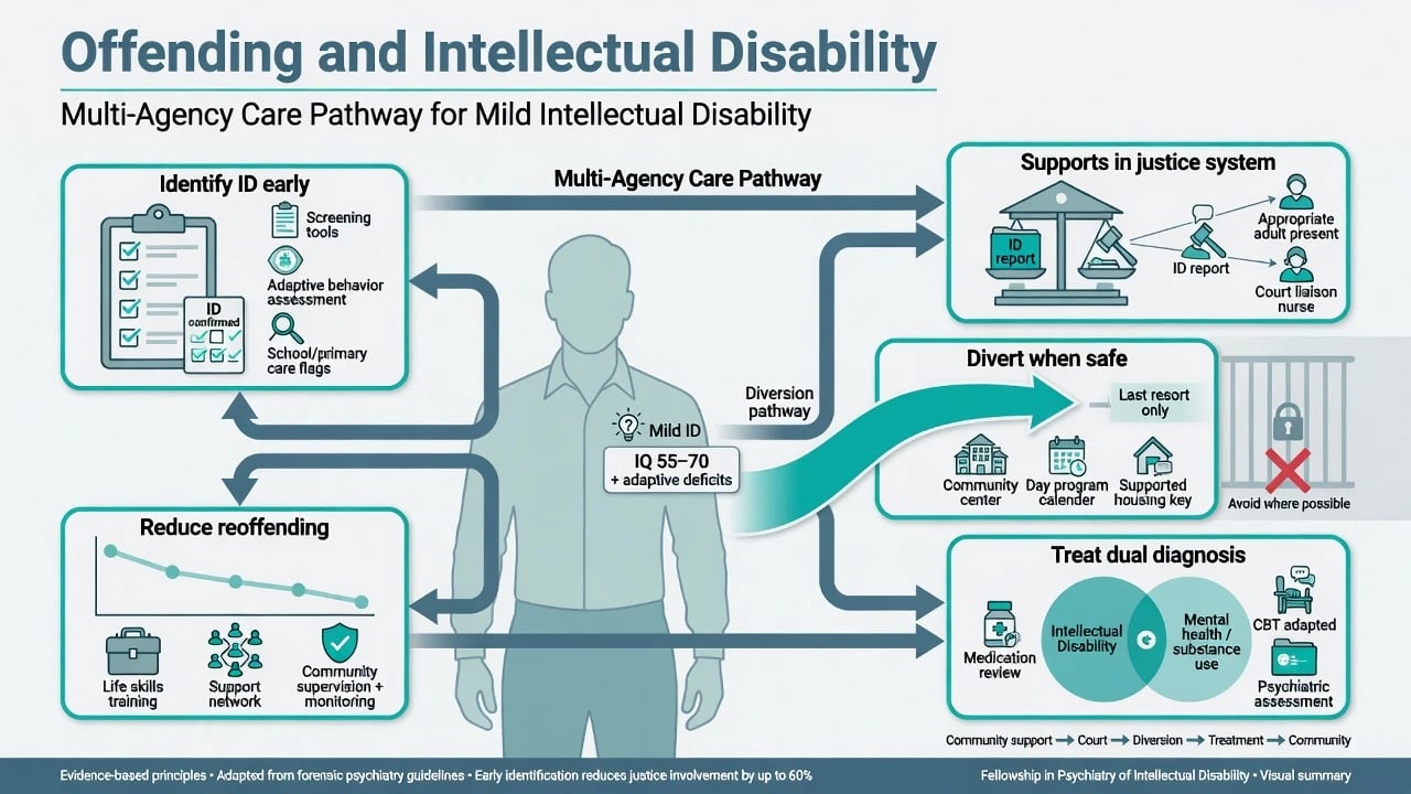 Educational poster on multi-agency pathway for people with intellectual disability in contact with the criminal justice system emphasising early identification, supports, diversion and dual diagnosis care