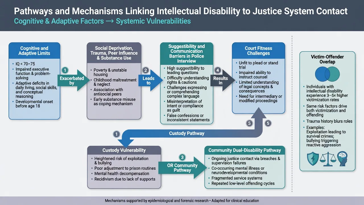Flow diagram from cognitive adaptive limits and social risk factors through interview vulnerability and court fitness challenges to custody or community dual-disability pathways with victim-offender overlap